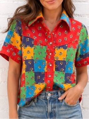 Vintage One of a Kind Patchwork Short-Sleeve Snap Down Shirt